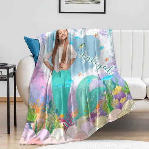 Miniatura 2 de Manta de Sirena Personalizada para Niñas Bebés - Manta de Forro Polar para Recién Nacidos y Niños Pequeños - Foto y Nombre, Regalos de Navidad