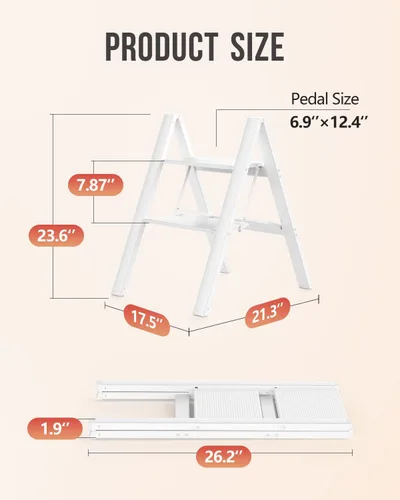 Miniatura 6 de WOA WOA Escalera de 2 escalones, taburete plegable, escalera ligera de aluminio para armario de cocina del hogar, pedales antideslizantes, facilidad