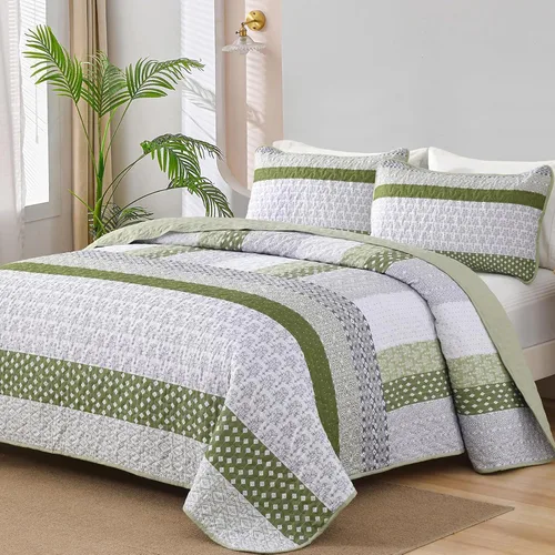Miniatura 13 de WONGS BEDDING Juego de edredón beige tamaño individual, juego de edredón de rayas bohemias de 3 piezas, juego de colcha acolchada de microfibra