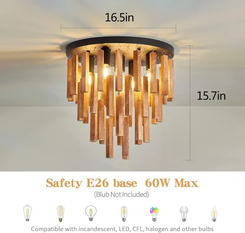 Miniatura 3 de Lámparas de techo semiempotradas de 3 luces, lámpara de madera bohemia, lámpara de techo de roble y negro con E26 para cocina, sala de estar