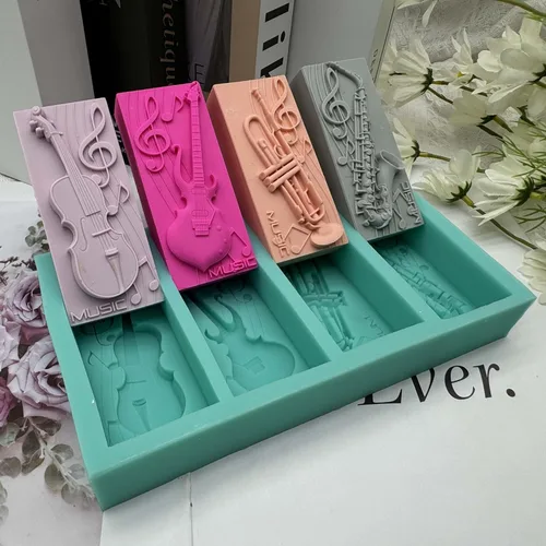 Miniatura 7 de Molde de jabón de silicona musical de 4 cavidades, cera perfumada, resina de yeso, manualidades, molde de silicona, guitarra, bajo, trompeta