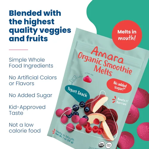 Miniatura 6 de Amara Smoothie Melts - Beets n' Berries - Snacks orgánicos para bebés con frutas y verduras - Yogur derretido a base de plantas - Snack saludable