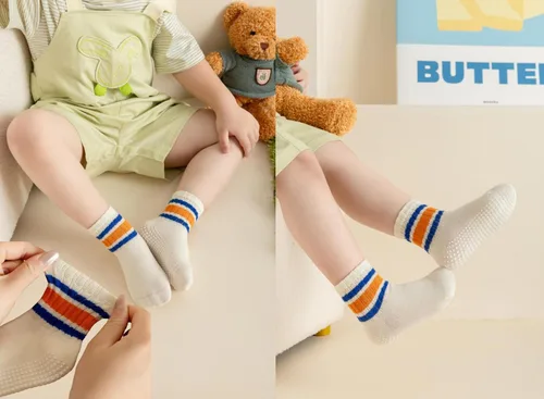 Miniatura 4 de Calcetines de agarre para niños pequeños, antideslizantes, unisex, con rayas retro sin costuras, calcetines de algodón para niñas y niños, 6 pares