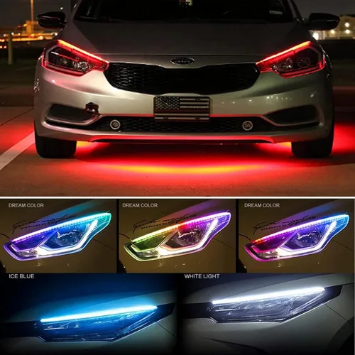 Miniatura 3 de 2 tiras de luces LED para automóvil, tubo de tira de superficie de faros DRL multicolor, luz de circulación diurna para capó exterior, señal de giro