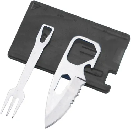 Ouliget Cuchillo de crédito de bolsillo y tenedor ultrafinos para acampar, herramienta multiusos de supervivencia al aire libre de acero inoxidable