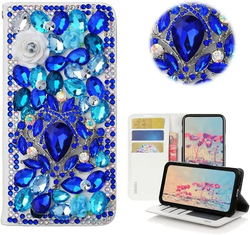 Miniatura 10 de Bling Wallet - Funda de cuero compatible con LG V40 ThinQ - Elegante funda de cuero con diseño de flores de mariposa 3D hecha a mano con cordón