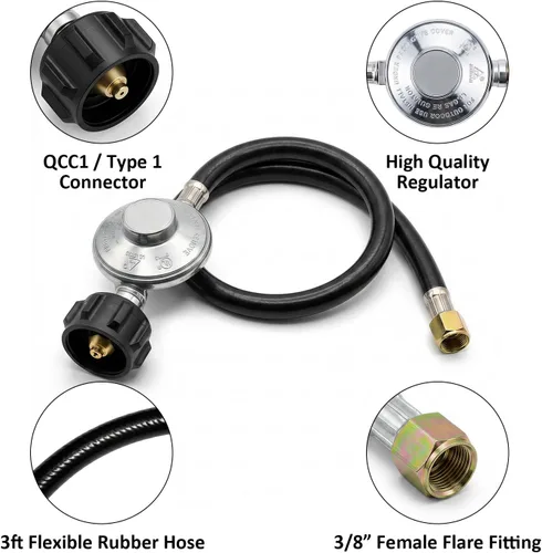 Miniatura 4 de ATKKE 2 Feet Propane Regulator Hose Assembly, QCC1/Type 1 Tank to 3/8" Female Flare Fitting, Low Pressure Replacement Gas Line for Grill,Heater,Fire