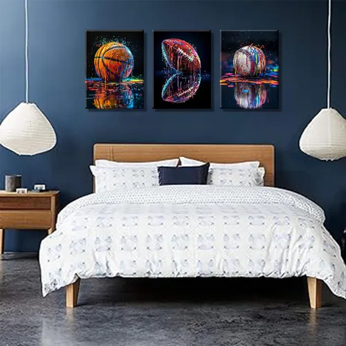 Miniatura 8 de 3 piezas de arte de pared en lienzo deportivo de graffiti para habitación de niños, rústico, fútbol, béisbol, fútbol americano, rugby, decoración