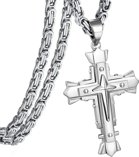 Collar con colgante de cruz de Jesucristo grande de acero inoxidable, joyería religiosa para hombres, cadena de 24 pulgadas, color plataoronegro