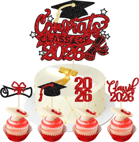Miniatura 24 de Gyufise 24 piezas de decoración para cupcakes con purpurina para graduación 2026, decoración de pasteles para graduación 2026, decoración de Negro