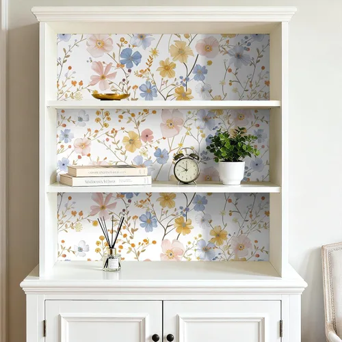 Miniatura 4 de FunStick Papel tapiz floral de acuarela para despegar y pegar, papel tapiz de flores silvestres extraíble, prepegado, blanco, azul, amarillo, rosa