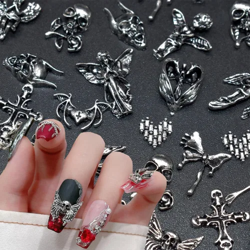 Dijes de uñas 3D – 30 piezas de calavera, amor, decoración de uñas vintage de metal para bricolaje y teléfono celular