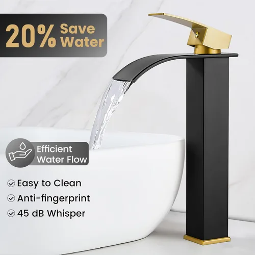 Miniatura 2 de Airuida - Grifo de cascada para baño, grifo de lavabo alto para mueble de baño, en negro mate y oro cepillado, moderno, con un solo agujero, manija