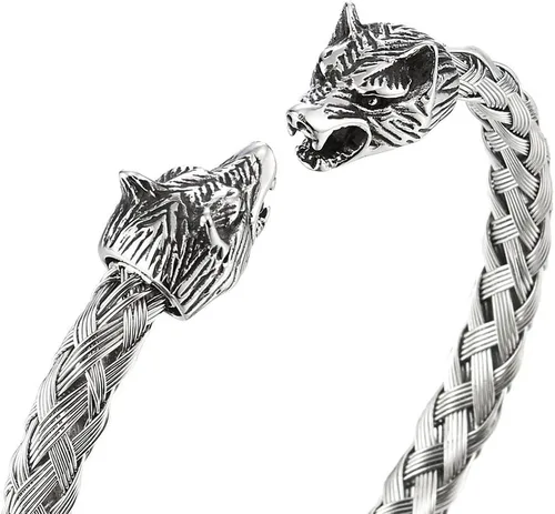 Miniatura 2 de COOLSTEELANDBEYOND Pulsera de cabeza de lobo para hombre de acero trenzado de acero pulido, ajustable