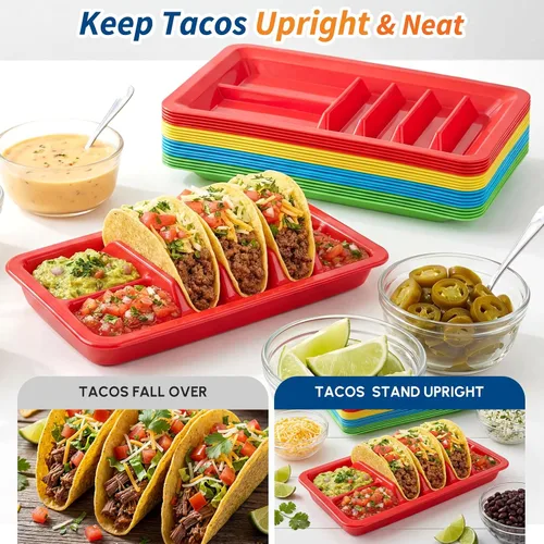 Miniatura 4 de Uiifan 4 platos mexicanos de plástico para fiestas de cumpleaños con divisor de pie para 3 tacos y 2 áreas de inmersión, bandejas para Cinco