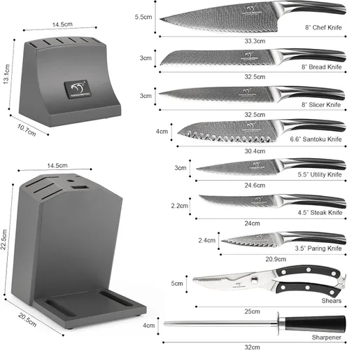 Miniatura 2 de NF NANFANG BROTHERS Juego de Cuchillos de Cocina de Damasco, 15 Piezas con Bloque, Mango Ergonómico ABS, Tenedor de Trinchar, Juego de Bloque