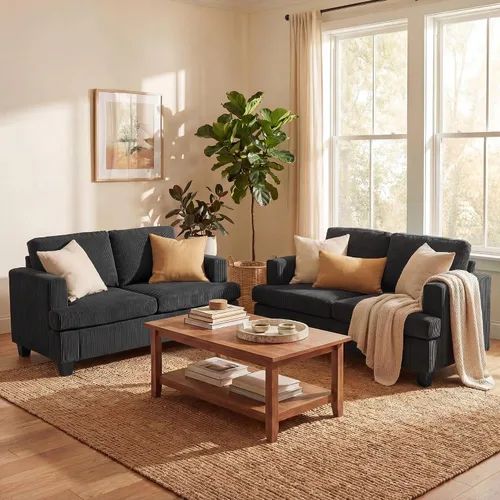 YOUDENOVA Juego de 2 piezas de sofá cómodo, sofá biplaza * 2 con asientos profundos, sofá cama moderno para sala de estar, terciopelo negro