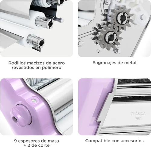 Miniatura 4 de PASTALINDA Máquina para hacer pasta Classic 260, rodillos de 10.2 in de ancho, 9 posiciones de grosor, 2 posiciones de corte, acero inoxidable, Lila