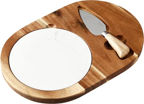 hecef Juego de tablas de queso ovaladas de madera, tabla de servir queso de madera de acacia con mármol blanco y cuchillo de queso, bandeja para