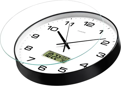 Miniatura 7 de TIMESS Reloj de Pared, Esfera Grande de 14" Sin Tic-Tac Silencioso Operado por Batería Analógico con Pantalla LCD para Calendario Perpetuo y Negro
