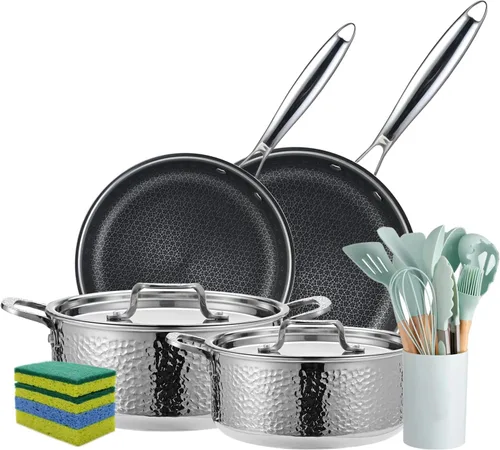 Vivicreate Juego de 20 utensilios de cocina de acero inoxidable de tres capas, ollas y sartenes martilladas con 2 sartenes antiadherentes y 2 ollas