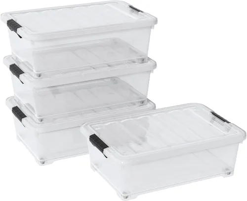 Saedy 4 paquetes de plástico bajo la cama caja de almacenamiento poco profunda con ruedas 20 L | Bajo el contenedor de cama con tapas