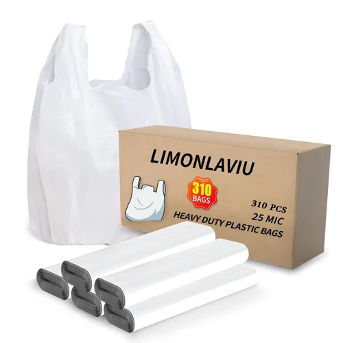 Bolsas de plástico LimonLaviu con asas - 310 unidades, bolsas en forma de camiseta blanca fuerte de 25 mic/1 mil para pequeñas empresas,