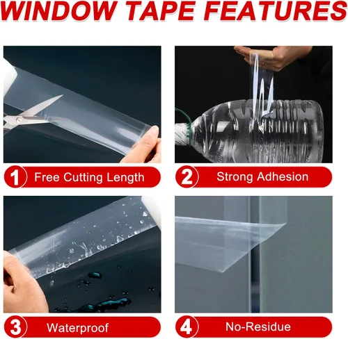 Miniatura 3 de Cinta transparente para sellado de ventana, 2 pulgadas x 35 yardas, cinta adhesiva para aislamiento de ventanas sin residuos, transparente