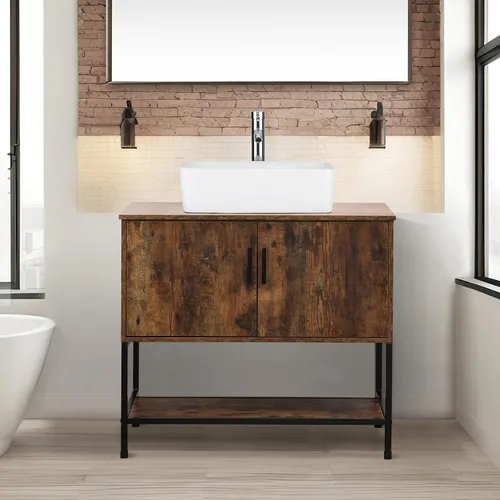 Miniatura 11 de UEV Tocador de Baño de Roble Rústico de 24" con Lavabo, Conjunto de Gabinete de Baño con Marco de Hierro Industrial con Puertas y Estante, con Combo