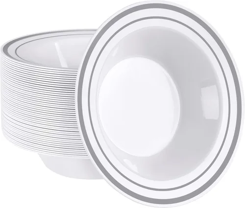 SETUP [12 onzas - Juego de 50 tazones desechables para postre y sopa con borde plateado, tazones de plástico desechables - Tazones de sopa Cuencos