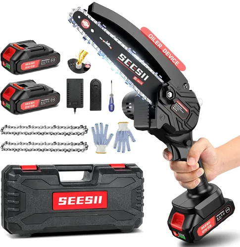 Miniatura 10 de SEESII Mini motosierra inalámbrica, de 8 pulgadas y 6 pulgadas, motosierra eléctrica con 2 baterías y engrasador automático, motosierra de mano sin