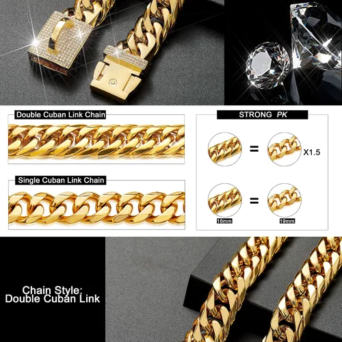 Miniatura 2 de Collar de cadena de metal para perro con diseño de hebilla segura, eslabones cubanos dorados fuertes y resistentes a las mordidas para perros