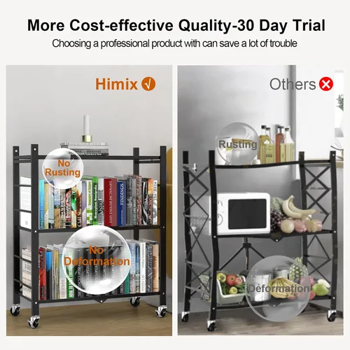 Miniatura 7 de Himix Estantes de almacenamiento con 6 ganchos, estante plegable de 3 niveles con ruedas, estantería de almacenamiento de metal, carrito rodante