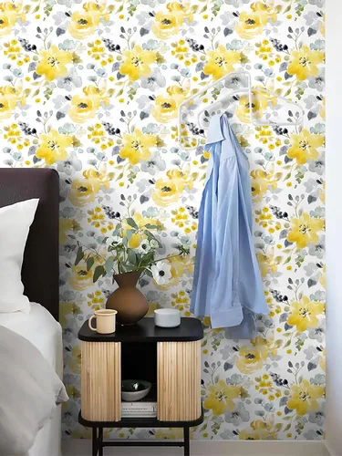 Miniatura 3 de Toduso Papel Tapiz Floral Despegar y Pegar Papel Tapiz Amarillo/Gris/Blanco Acuarela Papel de Contacto Autoadhesivo Removible Papel Tapiz Forros