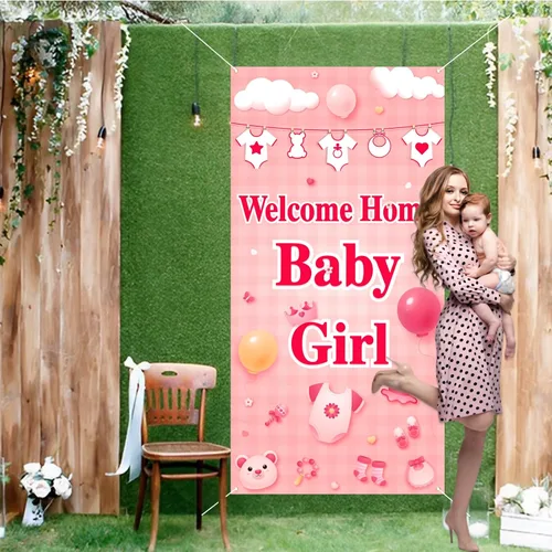 Miniatura 6 de Labakita Cartel de bienvenida para puerta de bebé niña, cartel con texto en inglés "It's a Girl Welcome Baby Girl", decoración de baby shower