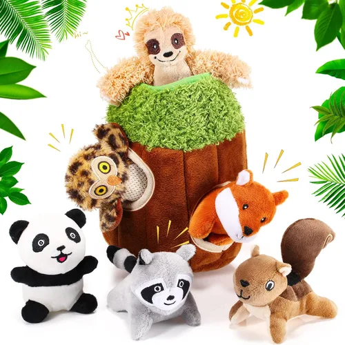 Skylety 7 piezas de juguetes para perros de actividades para cachorros, juguetes chirriantes para masticar, relleno de felpa de bosque con