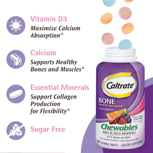 Miniatura 6 de Caltrate Chewables 600 Plus D3 Plus Minerals Suplemento de vitamina D de calcio, cereza, naranja y fruta, 90