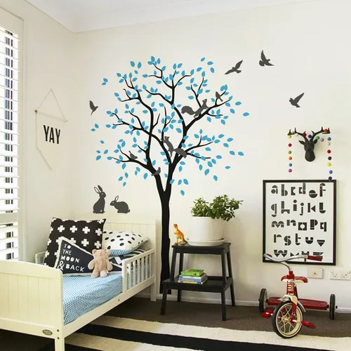 Miniatura 8 de Adhesivo decorativo de pared de árbol grande con pájaros, ardillas y conejos, conejos, decoración de guardería 095 (todo blanco)