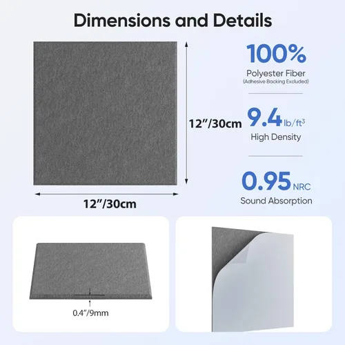 Miniatura 3 de Paquete de 12 Paneles Acústicos de 12" X 12" X 0.4" para Absorción de Sonido de Pared, Paneles de Sonido Cuadrados Autoadhesivos, de Alta Densidad