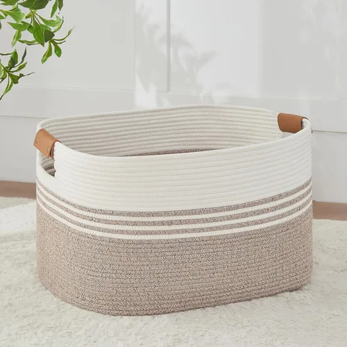 Miniatura 11 de AINUOQI Cesta de Ropa Sucia Grande Cesta de Lavandería con Asas de Cuero, Cesta de Almacenamiento Decorativa de Cuerda de Algodón Tejida para Yute