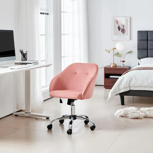 Miniatura 2 de Yaheetech Silla de Oficina Rosa Pequeña y Linda con Ruedas Traseras, Silla de Tocador de Terciopelo Giratoria y con Ruedas, Silla de Escritorio