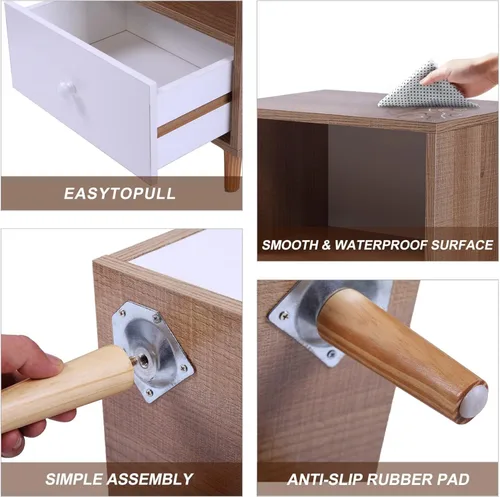 Miniatura 9 de JAXPETY Juego de 2 mesitas de noche modernas de madera, mesita de noche con cajón, muebles de noche, mesa auxiliar con estante abierto y patas