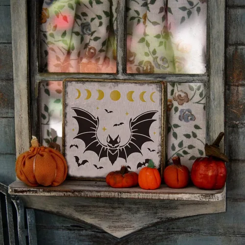 Miniatura 5 de BENECREAT Plantilla de pintura de recortes de plástico de murciélago de 12 x 12 pulgadas, patrón de fase lunar para decoración de Halloween