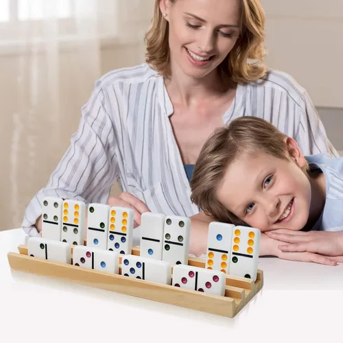 Miniatura 6 de Exqline Juego de 8 bandejas de dominó de madera de primera calidad, organizador para tren mexicano de pollo y otros juegos de dominó, dominó