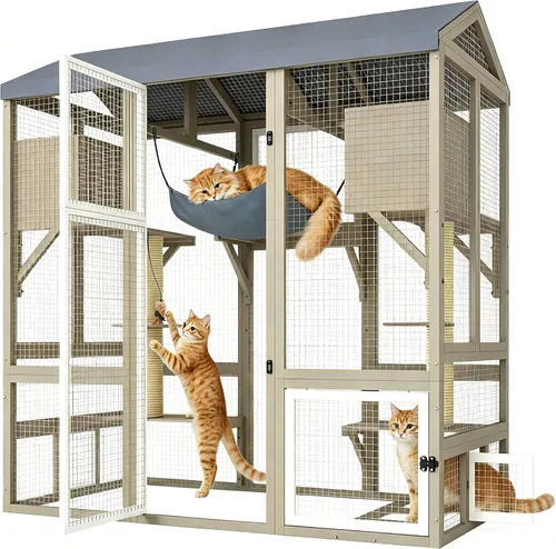 Miniatura 11 de PetsCosset 71" H Large Catio Outdoor Cat Enclosure Window Catios Wooden Walk-in Catio for Multiple Cats with 2 Resting Houses, 6 Platforms