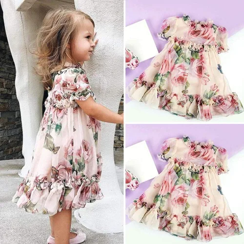 Miniatura 2 de Vestido de princesa con volantes y estampado de flores para niñas pequeñas