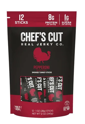 Chef’s Cut Real Turkey Jerky | Palitos de carne de pavo ahumada | Snack alto en proteínas con 8 g de proteína y 100 calorías, sin gluten, apto para