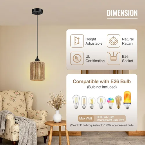 Miniatura 5 de BoostArea Luces Colgantes de Ratán para Isla de Cocina, Candelabro de Estilo Rústico con Pantalla de Mimbre Tejida a Mano, Luz Colgante Bohemia