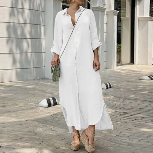Miniatura 2 de Vestido largo de algodón y lino con botones para mujer, estilo casual, manga 34 enrollada, abertura lateral, maxivestido camisero