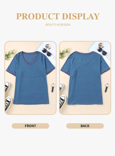 Miniatura 82 de Eytino Blusas de talla grande para mujer, cuello en V, manga corta, a rayas, casual, holgada, con bolsillo (1X-5X)